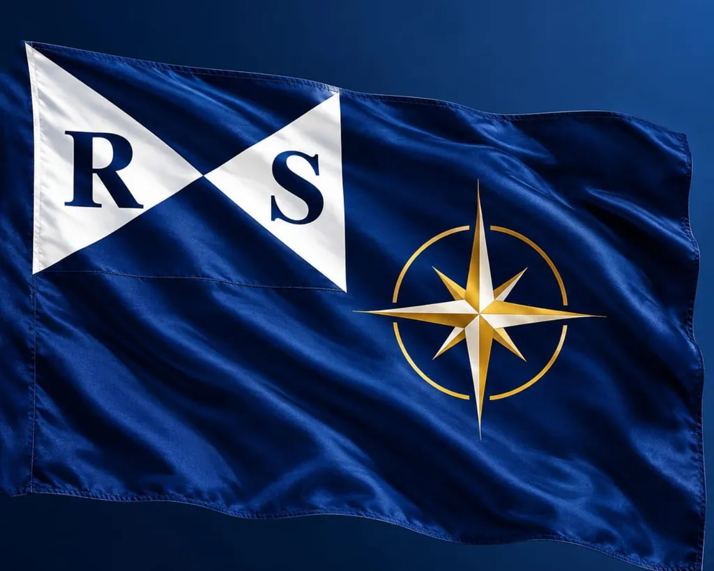 Bandeira da RS: as letras R e S em triângulos brancos sobre fundo azul-marinho, com uma rosa dos ventos dourada