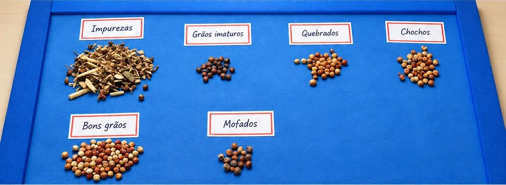 Amostra de grãos separada em bons grãos, impurezas, imaturos, quebrados, chochos e mofados