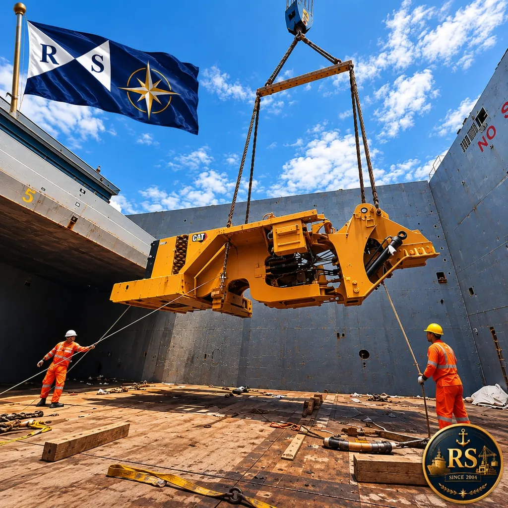 Equipamento pesado sendo içado no porão do navio, com a bandeira da RS ao fundo