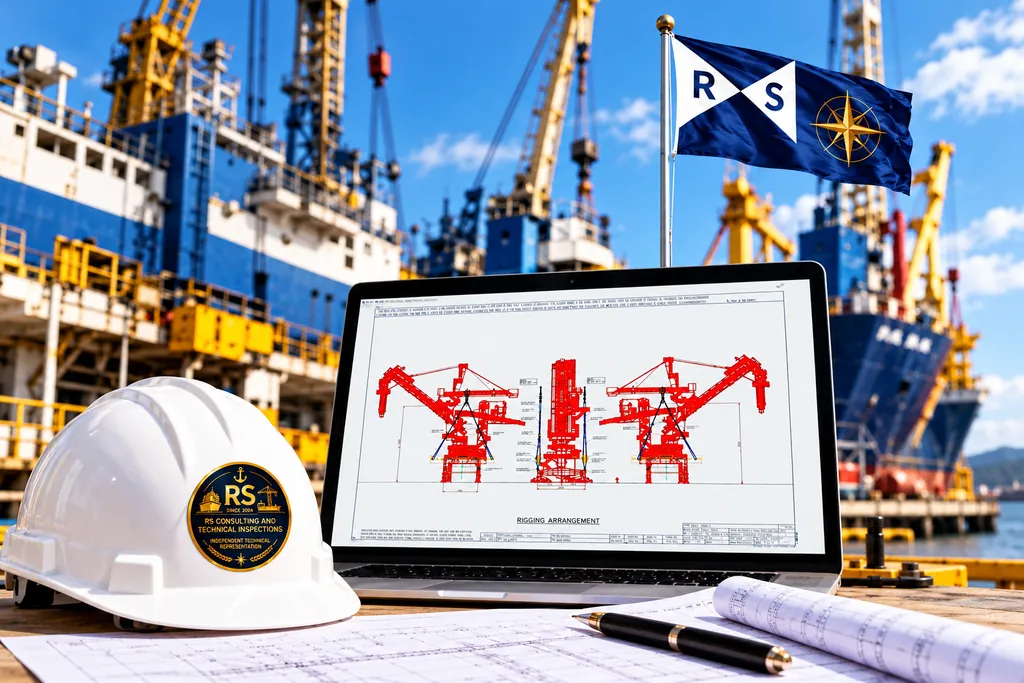 Capacete com o selo da RS, desenho de arranjo de içamento no notebook e a bandeira da RS no porto