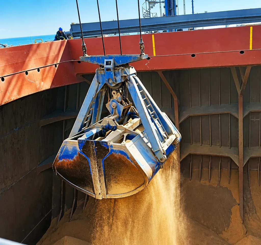 Caçamba descarregando granel no porão do navio