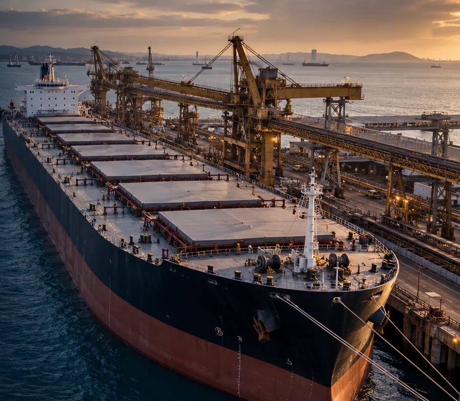 Navio graneleiro atracado ao lado de carregadores de navios ao entardecer