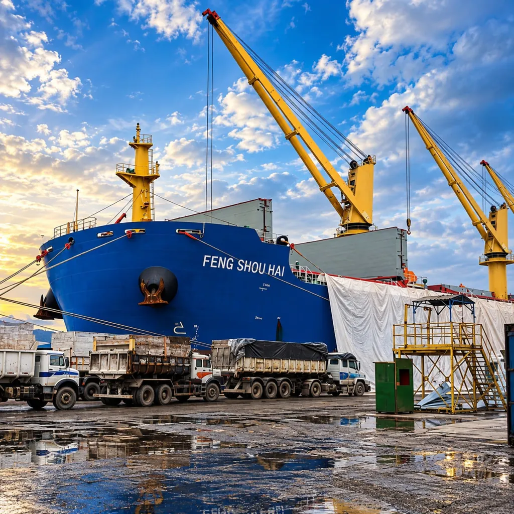 Navio atracado com guindastes de bordo e caminhões no cais