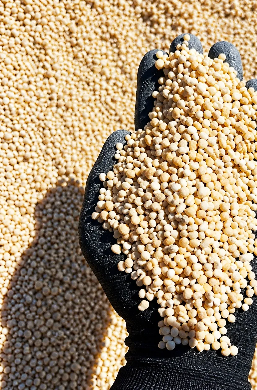 Inspetor com luva examinando amostra de fertilizante granulado